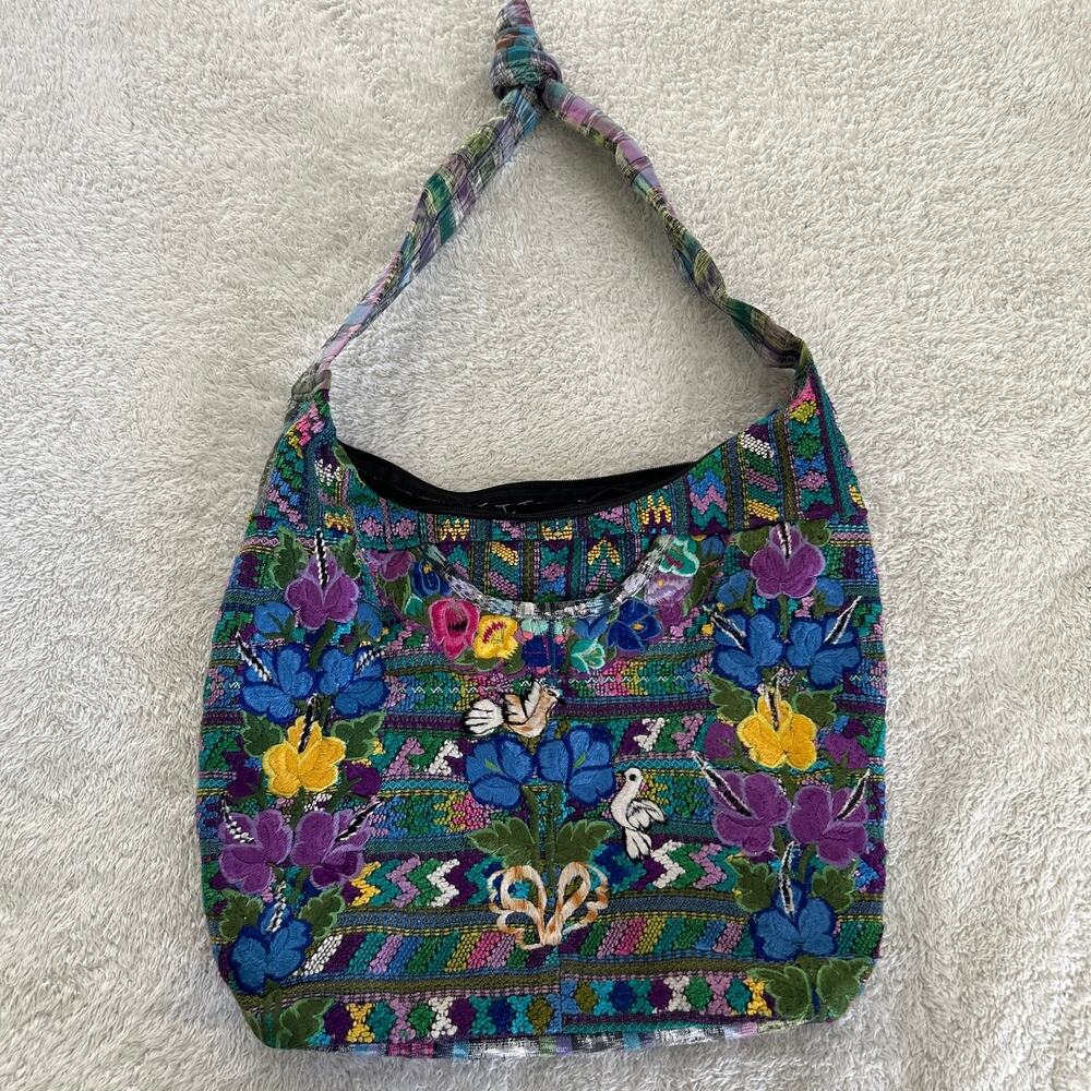 Eucalyptus Tote Bag Purse Colorful Embroidered Floral Birds Made in Guatemala